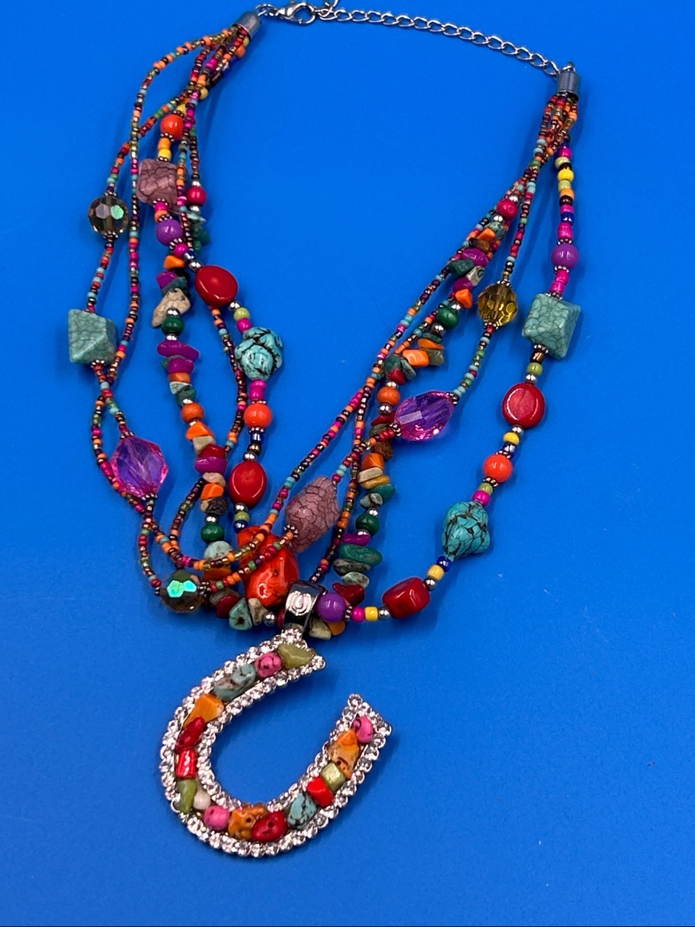 Multicolor Beaded Horseshoe Pendant Necklace - Women's Jewelry